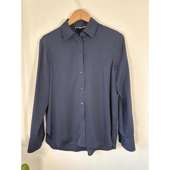 Vince. Stretch-Silk Button-Front Blouse Navy coastal blue Top / Blouse Size S - Picture 3 of 9